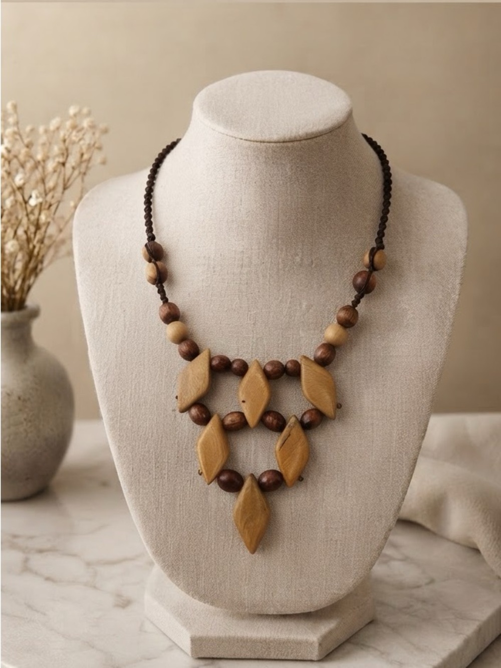 Artisan Hand-Carved Wooden Geometric Bib Statement Necklace